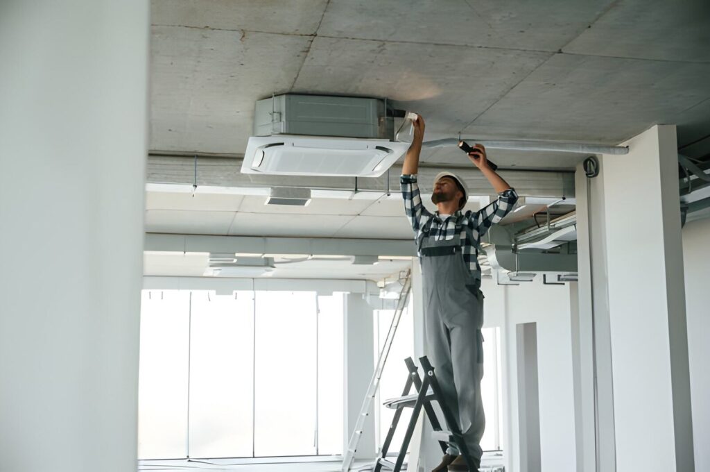 Setting the ventilation system. Repairman in uniform is in the unfinished building.