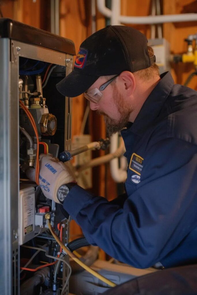 Essential Furnace Maintenance for a Cozy Winter Home Wylie Mechanical technician performing furnace maintenance in a home