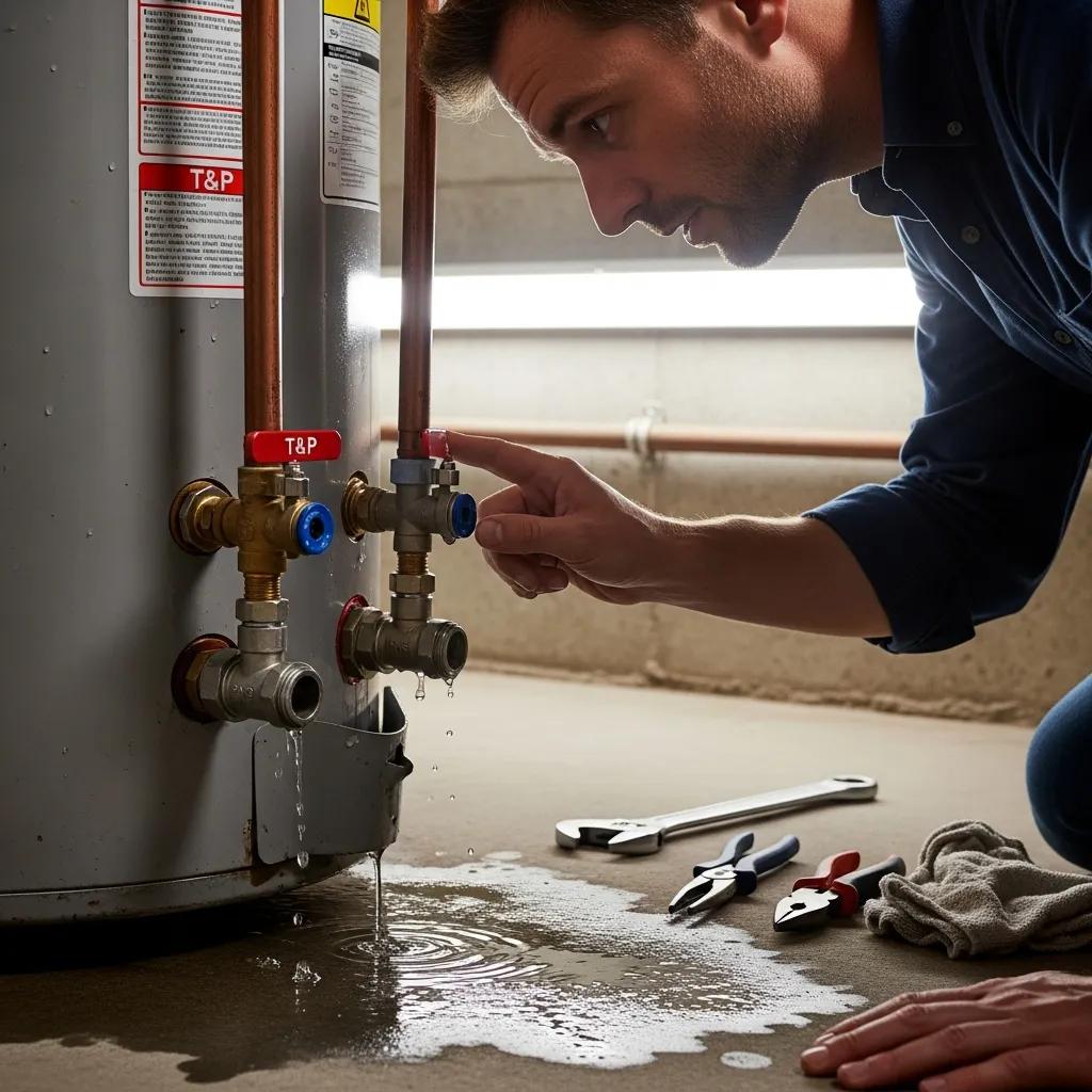 Fix Common Traditional Water Heater Problems - Expert Tips Homeowner checking a traditional tank water heater for leaks around the T&P and drain valves