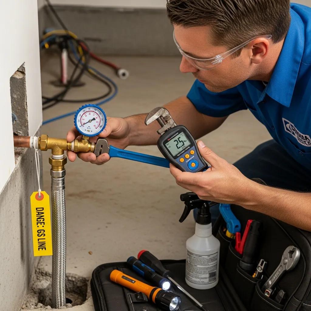 Licensed technician conducting safety checks on gas line installation