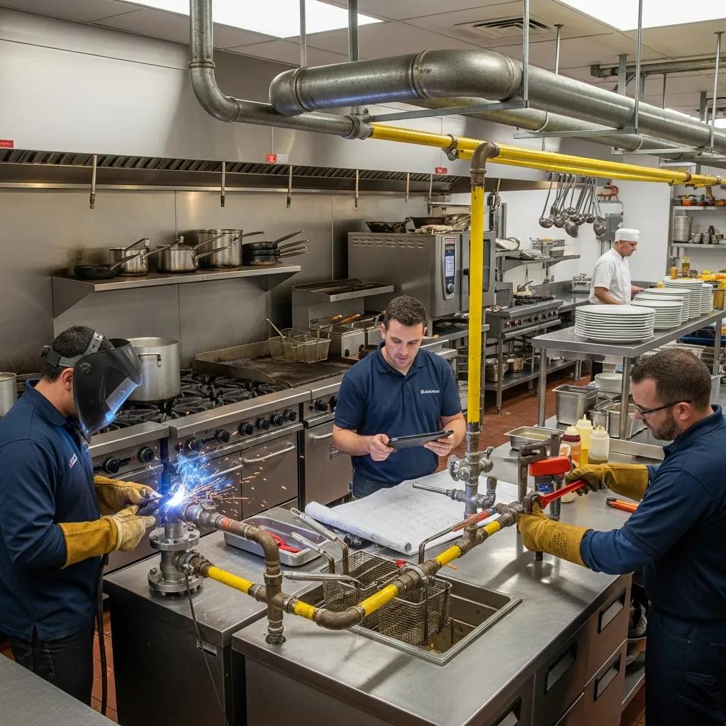 Team of technicians installing commercial gas lines in a restaurant kitchen