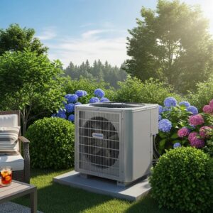 Air conditioning unit ready for summer in a sunny backyard